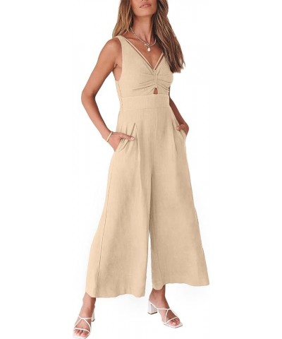 Women's Summer Wide Leg Jumpsuits V Neck Sleeveless High Waist Vacation Linen Rompers Dressy Beige $20.25 Jumpsuits