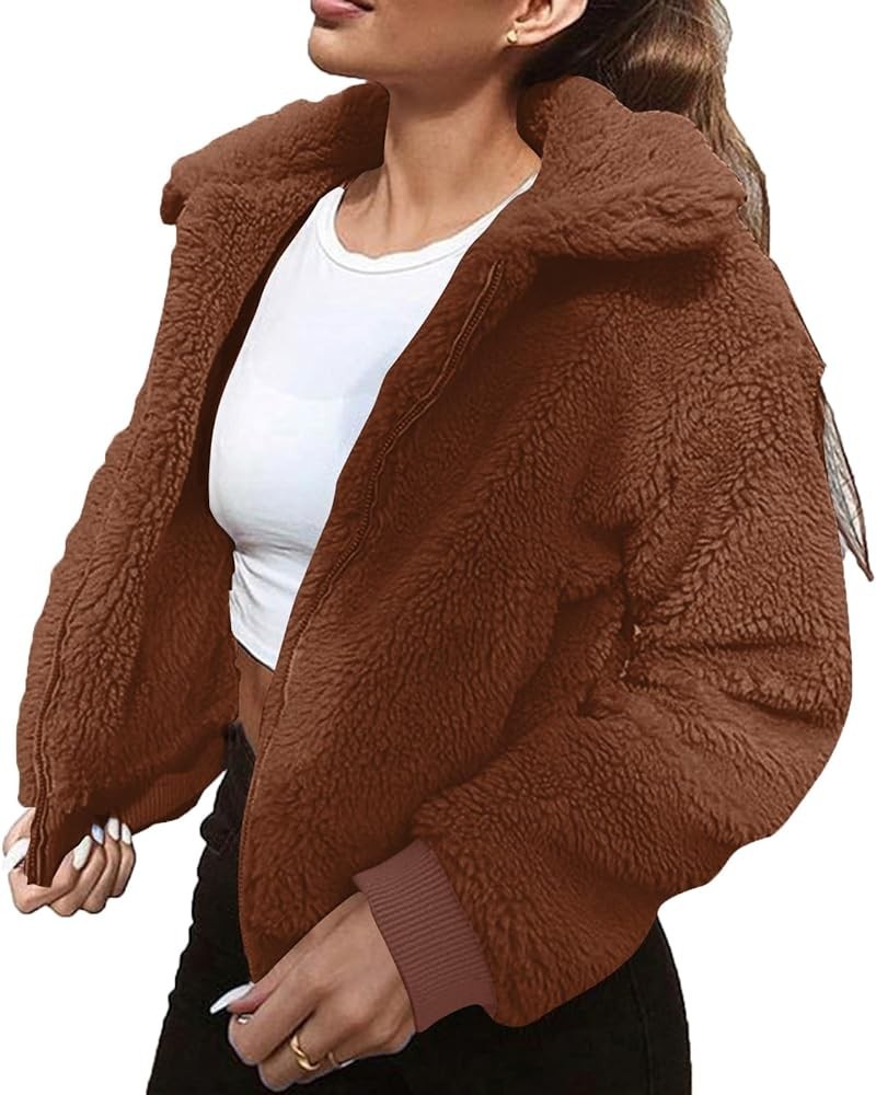 Women's Winter Warm Fleece Sherpa Coats Casual Lapel Collar Zip Up Solid Color Cropped Outerwear Jackets with Pockets Co $10....