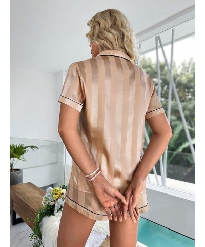 Women's Sleepwear Satin Short Sleeve Button Shirt and Shorts Pajama Set Champagne Black $14.21 Sleep & Lounge