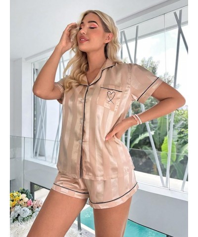 Women's Sleepwear Satin Short Sleeve Button Shirt and Shorts Pajama Set Champagne Black $14.21 Sleep & Lounge