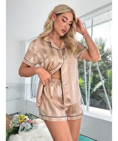 Women's Sleepwear Satin Short Sleeve Button Shirt and Shorts Pajama Set Champagne Black $14.21 Sleep & Lounge