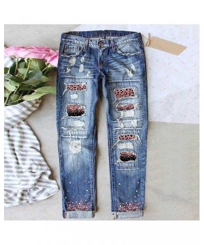 Women's Plaid Patch Ripped Jean Mid Waisted Boyfriend Trendy Denim Pants Stretch Printed Skinny Distressed with Hole A1-blue ...