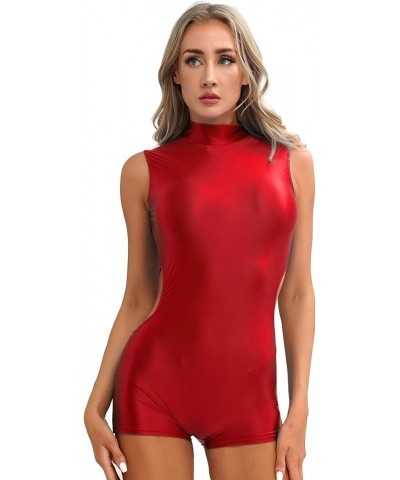 Womens Bodycon Dress Glossy Wet Look Short Sleeve Mock Neck Rave Party Dress Clubwear Two Burgundy C $9.09 Dresses