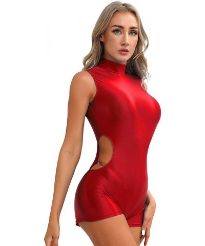 Womens Bodycon Dress Glossy Wet Look Short Sleeve Mock Neck Rave Party Dress Clubwear Two Burgundy C $9.09 Dresses