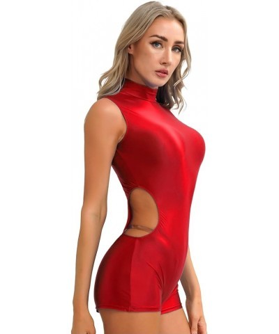 Womens Bodycon Dress Glossy Wet Look Short Sleeve Mock Neck Rave Party Dress Clubwear Two Burgundy C $9.09 Dresses