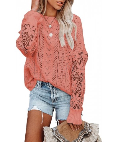 Womens Crewneck Crochet Lace Long Sleeve Hollow Out Cable Knit Pullover Sweaters Tops A Light Pink $21.15 Sweaters