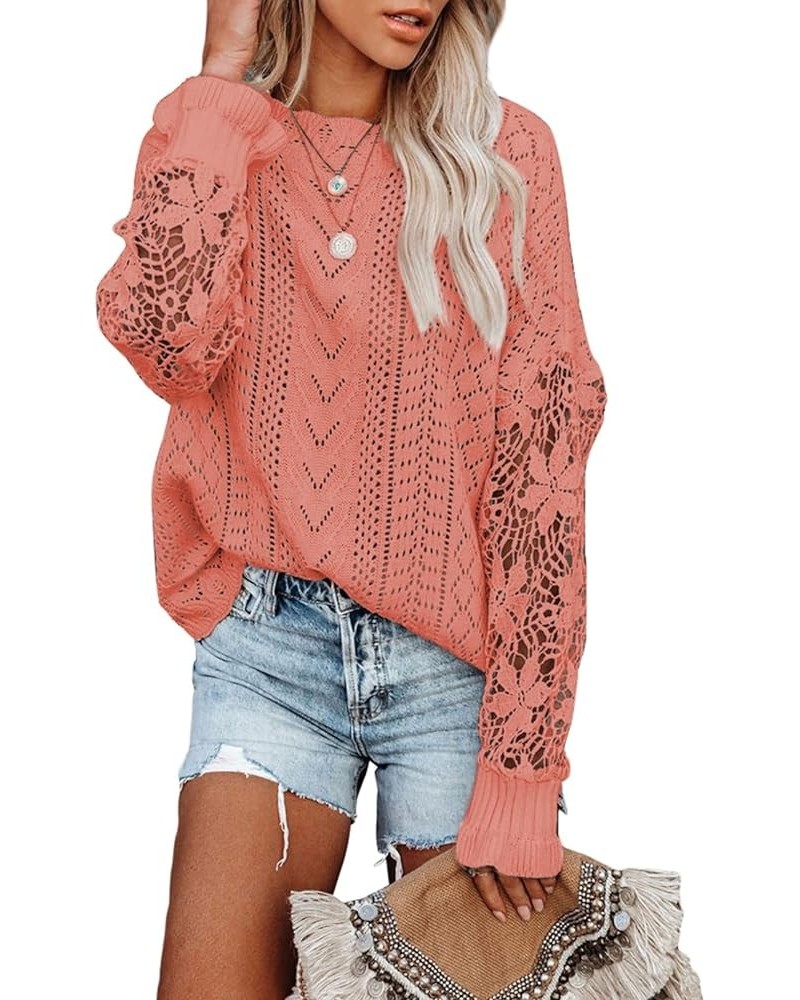 Womens Crewneck Crochet Lace Long Sleeve Hollow Out Cable Knit Pullover Sweaters Tops A Light Pink $21.15 Sweaters