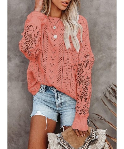 Womens Crewneck Crochet Lace Long Sleeve Hollow Out Cable Knit Pullover Sweaters Tops A Light Pink $21.15 Sweaters