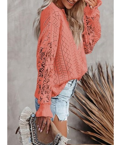 Womens Crewneck Crochet Lace Long Sleeve Hollow Out Cable Knit Pullover Sweaters Tops A Light Pink $21.15 Sweaters