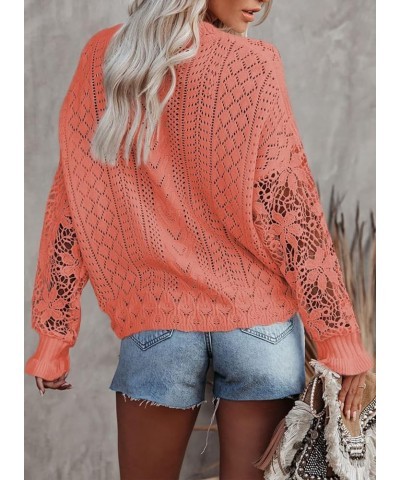 Womens Crewneck Crochet Lace Long Sleeve Hollow Out Cable Knit Pullover Sweaters Tops A Light Pink $21.15 Sweaters