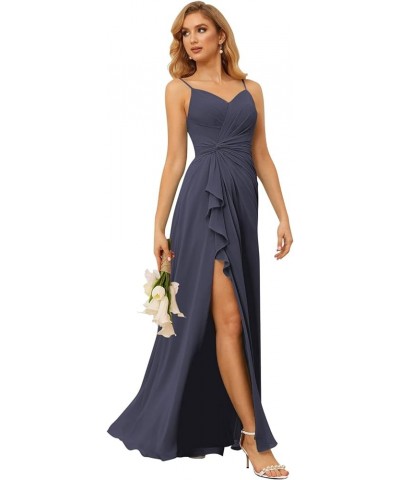 V Neck Spaghetti Straps Bridesmaid Dresses Long with Slit Ruched Chiffon A-Line Formal Dress for Women Stormy Blue $31.31 Dre...