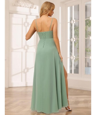 V Neck Spaghetti Straps Bridesmaid Dresses Long with Slit Ruched Chiffon A-Line Formal Dress for Women Stormy Blue $31.31 Dre...