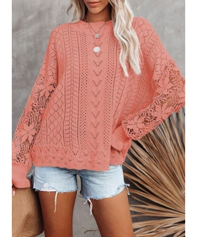 Womens Crewneck Crochet Lace Long Sleeve Hollow Out Cable Knit Pullover Sweaters Tops A Light Pink $21.15 Sweaters