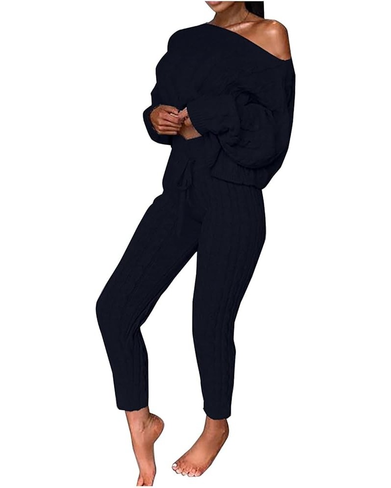 Off Shoulder Sweater Sets for Women Two Piece Outfits Cable Knit Pullover Tops and Bodycon Pants Lounge Matching Set Black $1...