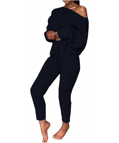 Off Shoulder Sweater Sets for Women Two Piece Outfits Cable Knit Pullover Tops and Bodycon Pants Lounge Matching Set Black $1...