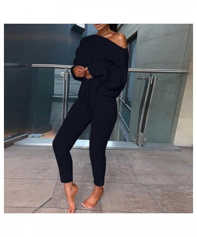 Off Shoulder Sweater Sets for Women Two Piece Outfits Cable Knit Pullover Tops and Bodycon Pants Lounge Matching Set Black $1...