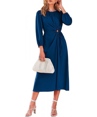 Women's 2024 Satin Maxi Dress Puff Long Sleeve Crewneck Cutout Casual A-line Long Flowy Dresses Dark Blue $11.39 Dresses