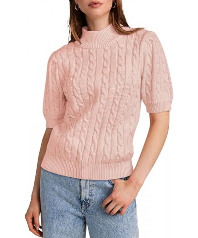 Women's Puff Short Sleeve Sweater Tops Casual Loose Mock Neck Cable Knit Pullover Shirt Pink $17.39 Sweaters