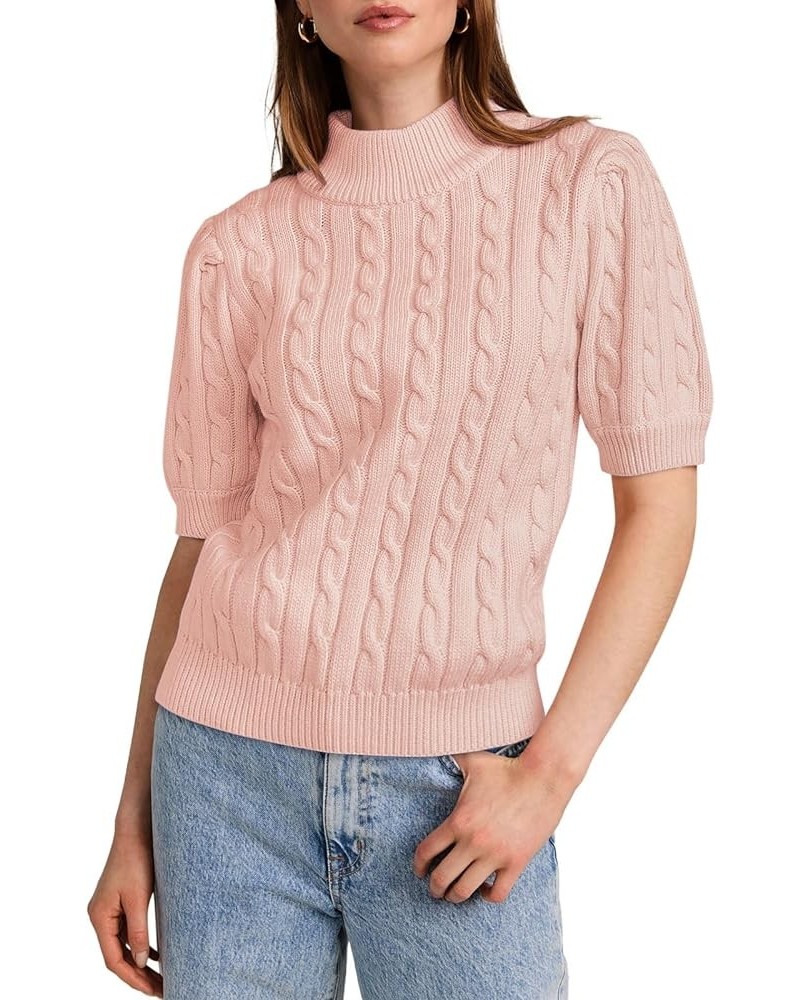 Women's Puff Short Sleeve Sweater Tops Casual Loose Mock Neck Cable Knit Pullover Shirt Pink $17.39 Sweaters