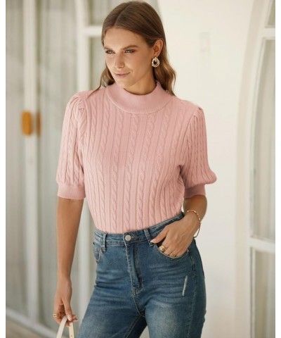 Women's Puff Short Sleeve Sweater Tops Casual Loose Mock Neck Cable Knit Pullover Shirt Pink $17.39 Sweaters