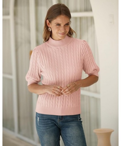 Women's Puff Short Sleeve Sweater Tops Casual Loose Mock Neck Cable Knit Pullover Shirt Pink $17.39 Sweaters