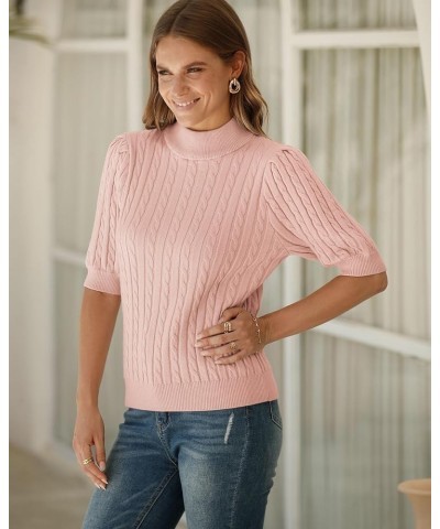 Women's Puff Short Sleeve Sweater Tops Casual Loose Mock Neck Cable Knit Pullover Shirt Pink $17.39 Sweaters