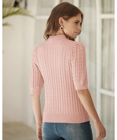 Women's Puff Short Sleeve Sweater Tops Casual Loose Mock Neck Cable Knit Pullover Shirt Pink $17.39 Sweaters