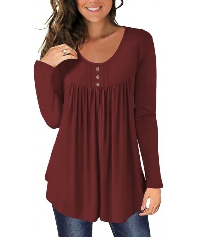 Womens Tops Casual Long Sleeve Tunic Loose Fit Pleated Fall Floral Print T-Shirt 22_wine Red $13.20 Tops