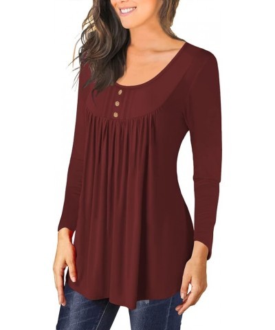 Womens Tops Casual Long Sleeve Tunic Loose Fit Pleated Fall Floral Print T-Shirt 22_wine Red $13.20 Tops