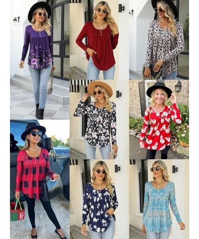 Womens Tops Casual Long Sleeve Tunic Loose Fit Pleated Fall Floral Print T-Shirt 22_wine Red $13.20 Tops