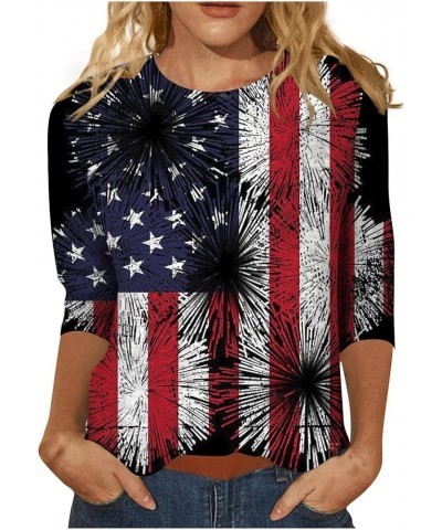 4Th of July 3/4 Length Sleeve Womens Tops Womens American Flag Patriotic Independence Day Crewneck Cute Festival Tops 04-mult...