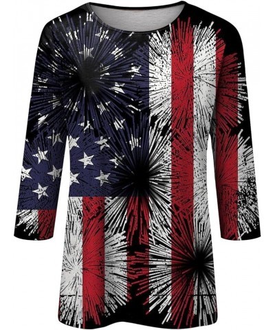 4Th of July 3/4 Length Sleeve Womens Tops Womens American Flag Patriotic Independence Day Crewneck Cute Festival Tops 04-mult...