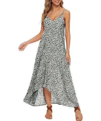 Women V-Neck Polka Dot Print Spaghetti Strap Boho Long Maxi Dresses F Leopard White $9.84 Dresses