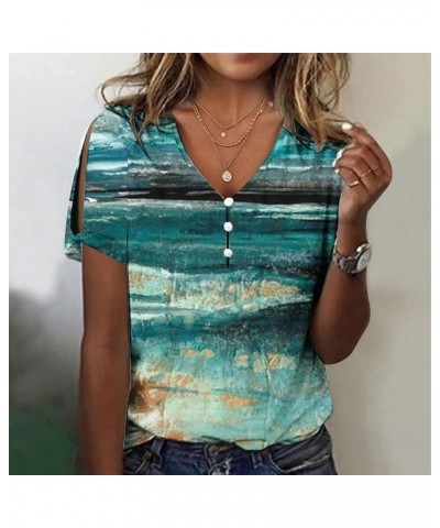 Women Summer Tops Short Sleeve Dressy Hawaiian Shirts V-Neck Button Blouses 2023 Loose Y2K Going Out Tops 07-blue $2.90 Shirts