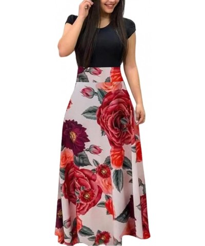 Womens Summer Maxi Dresses 2023 Vintage Elegant Tunic Waisted Floral Midi Dress Casual Short Sleeve Long Dress Multicoloured-...