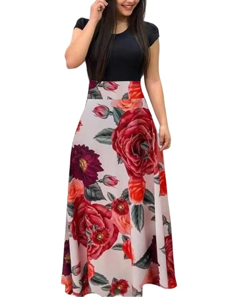 Womens Summer Maxi Dresses 2023 Vintage Elegant Tunic Waisted Floral Midi Dress Casual Short Sleeve Long Dress Multicoloured-...