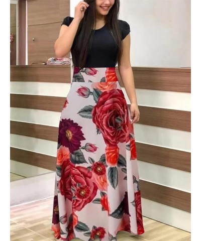 Womens Summer Maxi Dresses 2023 Vintage Elegant Tunic Waisted Floral Midi Dress Casual Short Sleeve Long Dress Multicoloured-...