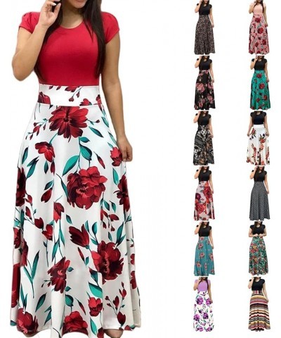 Womens Summer Maxi Dresses 2023 Vintage Elegant Tunic Waisted Floral Midi Dress Casual Short Sleeve Long Dress Multicoloured-...