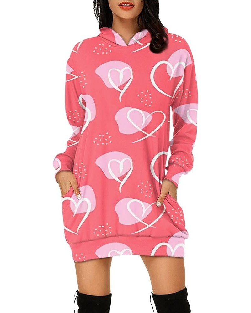 Women's Hooded Sweatshirt Lightweight Long Sleeve Pullover Heart Print Hoodie Dress with Pockets 01-hot Pink $8.82 Hoodies & ...