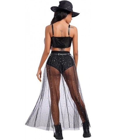 Women Sheer Mesh 2 in 1 Long Sparkly Sequins Tulle Skirt High Waist Sexy Galaxy See Through Festival Maxi Skirts Black Star $...