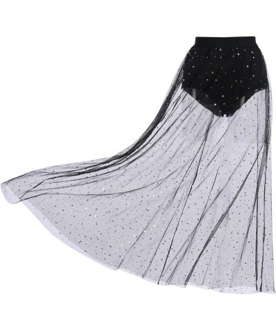 Women Sheer Mesh 2 in 1 Long Sparkly Sequins Tulle Skirt High Waist Sexy Galaxy See Through Festival Maxi Skirts Black Star $...