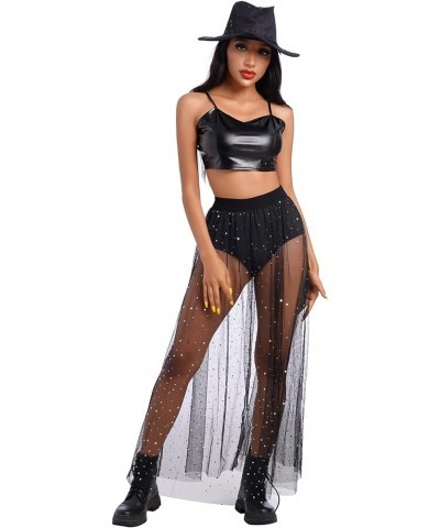 Women Sheer Mesh 2 in 1 Long Sparkly Sequins Tulle Skirt High Waist Sexy Galaxy See Through Festival Maxi Skirts Black Star $...