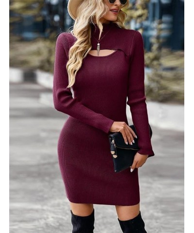 Women's Long Sleeve Cutout Front Ribbed Knit Pullover Sweater Dress Turtle Neck Bodycon Slim Fit Dresses Wine Red $22.13 Swea...