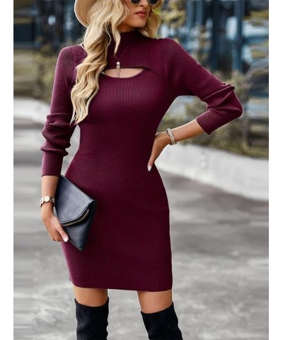 Women's Long Sleeve Cutout Front Ribbed Knit Pullover Sweater Dress Turtle Neck Bodycon Slim Fit Dresses Wine Red $22.13 Swea...