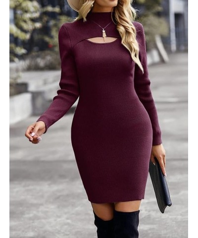 Women's Long Sleeve Cutout Front Ribbed Knit Pullover Sweater Dress Turtle Neck Bodycon Slim Fit Dresses Wine Red $22.13 Swea...