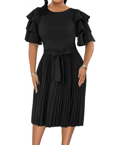 Women's Pleated Midi Dress Elegant Ruffle Sleeves Tie Waist Semi Formal A line Dress $14.50 Dresses