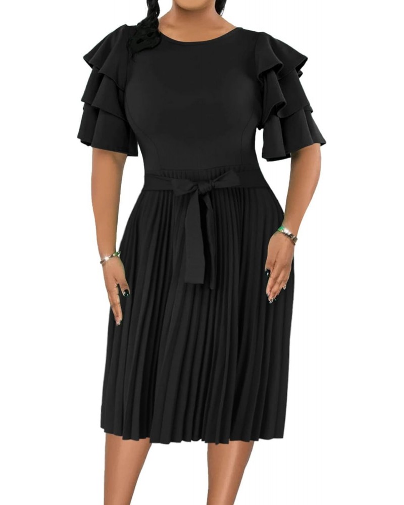 Women's Pleated Midi Dress Elegant Ruffle Sleeves Tie Waist Semi Formal A line Dress $14.50 Dresses