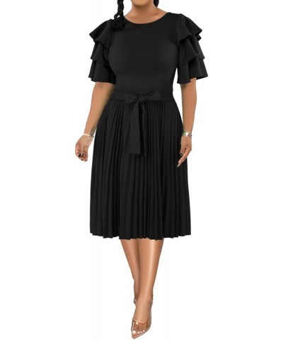 Women's Pleated Midi Dress Elegant Ruffle Sleeves Tie Waist Semi Formal A line Dress $14.50 Dresses