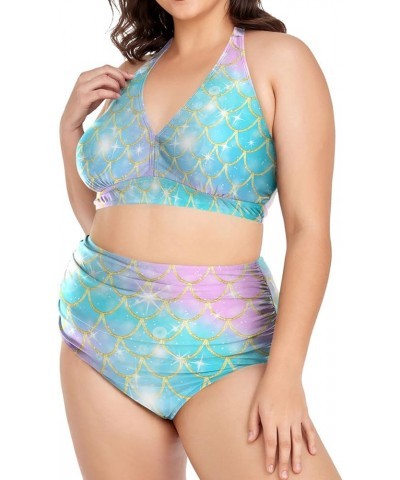 Plus Size Swimsuits for Women Rainbow Scales of Mermaid Womens Bikini Sets Sexy High Waisted Swimsuits Tummy Control Mermaid ...