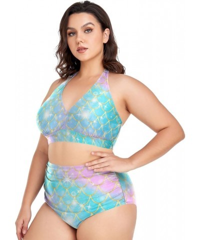 Plus Size Swimsuits for Women Rainbow Scales of Mermaid Womens Bikini Sets Sexy High Waisted Swimsuits Tummy Control Mermaid ...